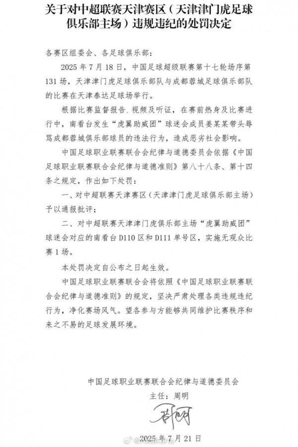 中足联在职业职业联赛  首次应用“有观赛人群  人数限制的赛事  ”的处罚类型