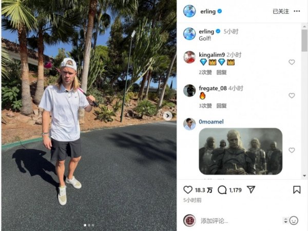 休闲时光！哈兰德社媒晒打高尔夫球照片