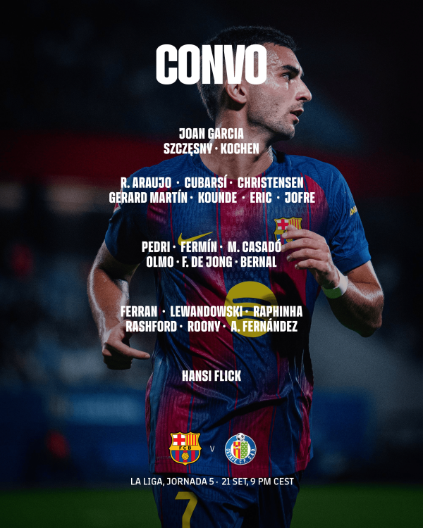 巴萨战赫塔费大名单: 加维、巴尔德、亚马尔继续伤停