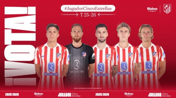 马竞10月最佳球员候选：朱利亚诺-西蒙尼、奥布拉克、巴埃纳在列