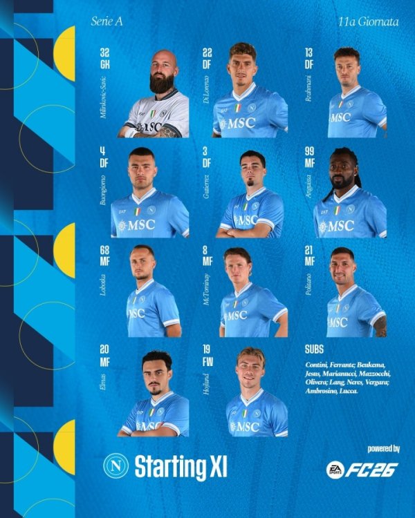 那不勒斯客战博洛尼亚首发：霍伊伦、麦克托米奈先发，波贝加出战